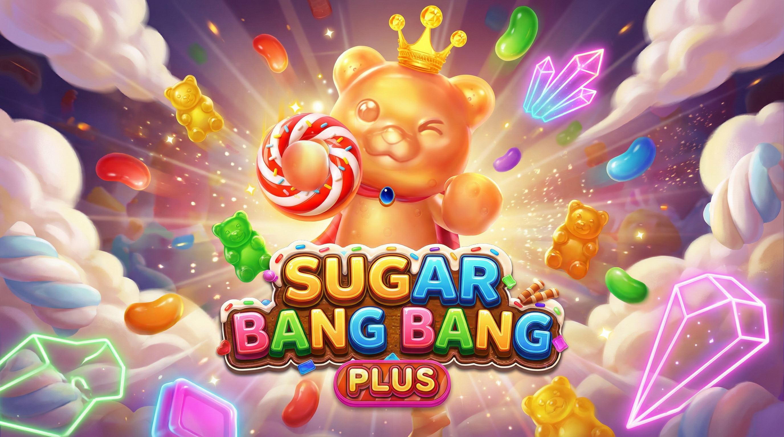 Sugar Bang Bang Plus Hero Image with Goldie the Mascot in a Cyberpunk Candy World