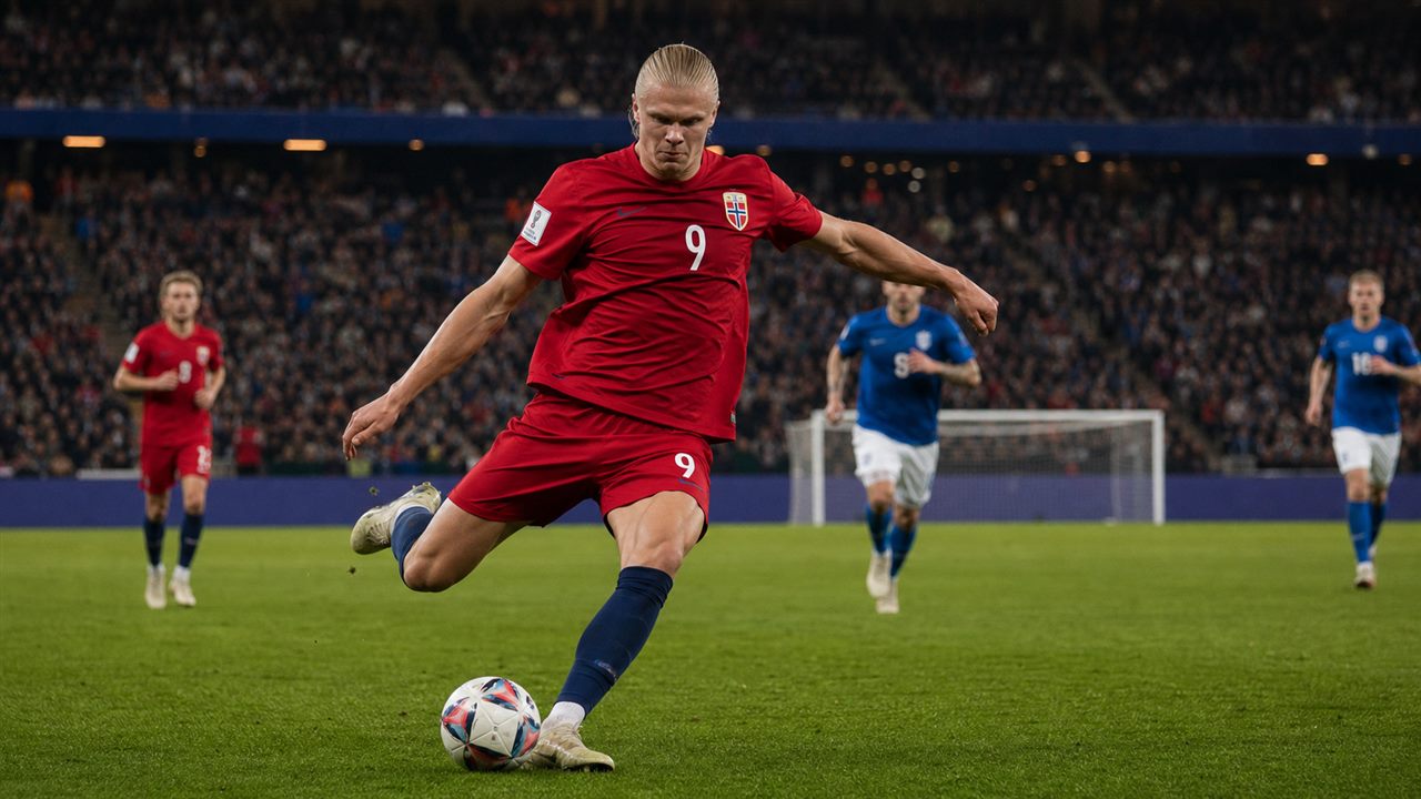 Erling Haaland shooting in the red Norway shirt at World Cup 2026