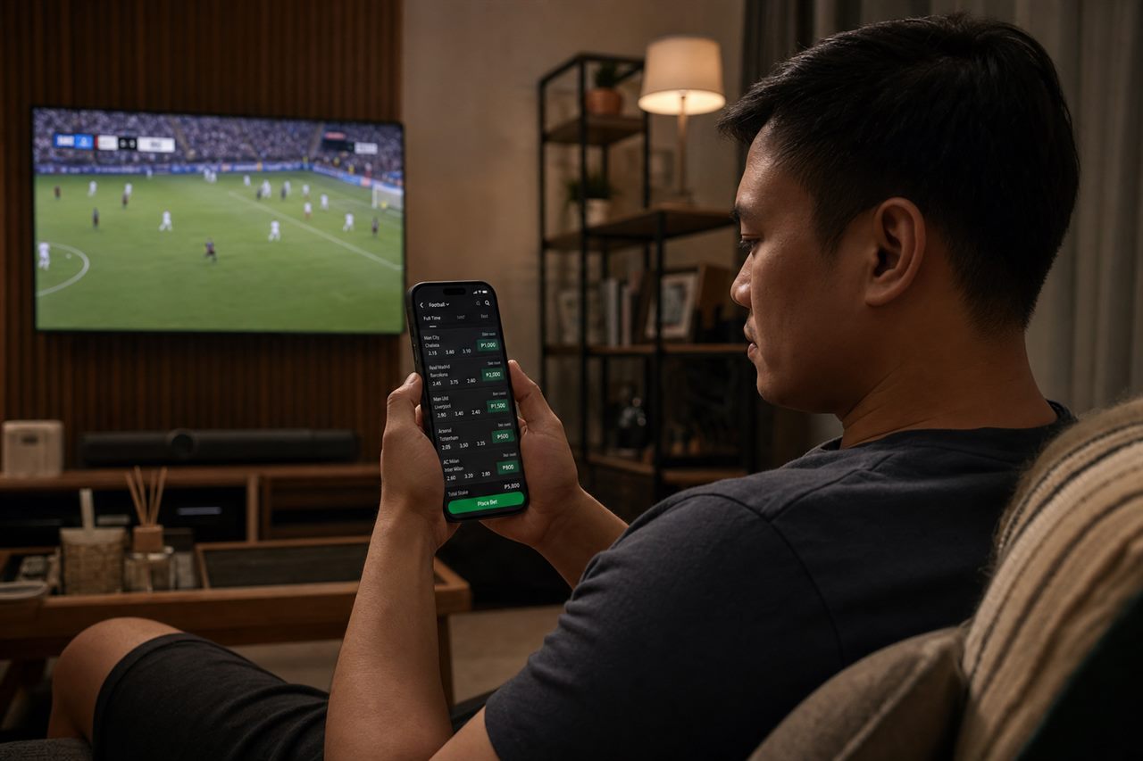 Filipino bettor reading World Cup 2026 football odds on a phone with peso amounts