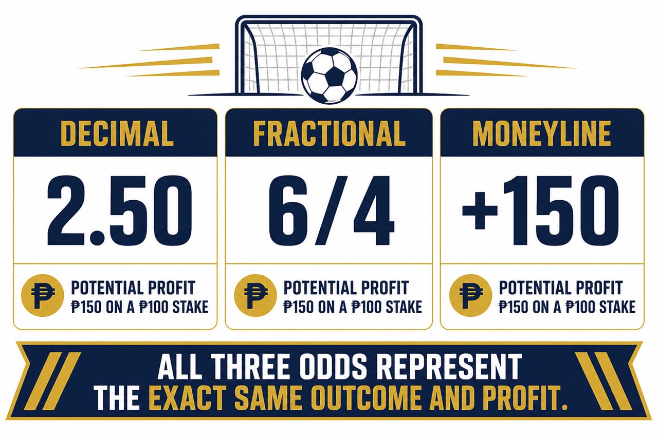 Comparison of decimal, fractional and moneyline odds for the same outcome in peso