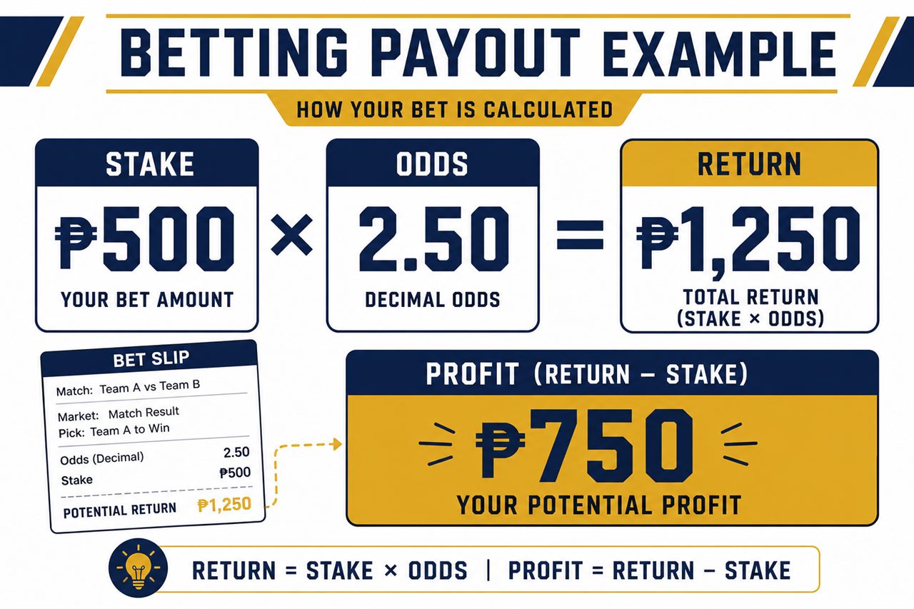 Worked example calculating a peso betting payout from decimal odds