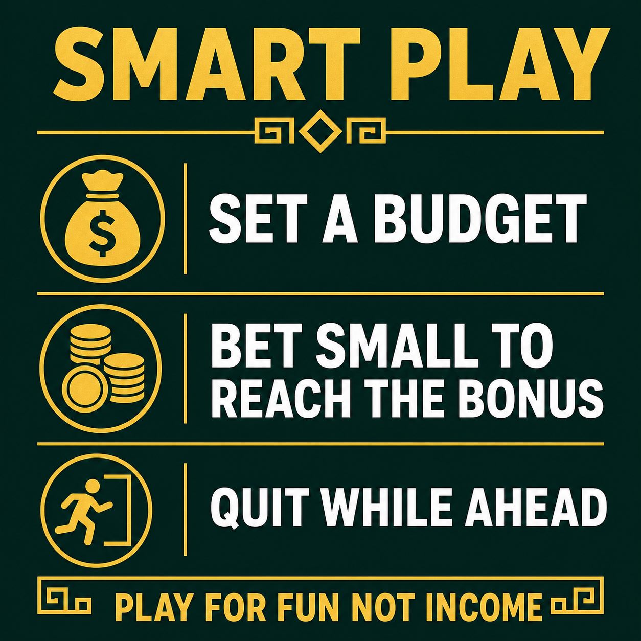 Infographic on dark green and gold with three bankroll tips: set a budget, bet small to reach the bonus, quit while ahead, no real logos