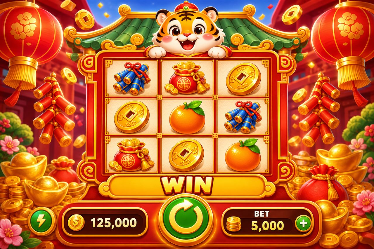 A Fortune Tiger style slot game screen showing a 3 by 3 grid of reels filled with Chinese themed symbols, a golden tiger, gold ingots, oranges and lucky envelopes, inside an ornate red and gold game frame with a spin button and balance bar, no readable brand text