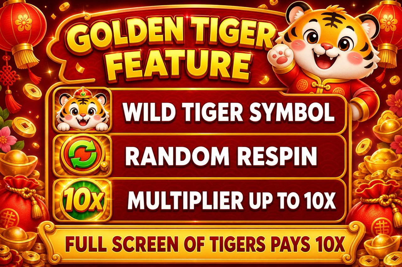 Fortune Tiger feature graphic in red and gold: a wild tiger symbol, a respin arrow, and a rising multiplier up to 10x with a note that a full screen of tigers pays the top 10x