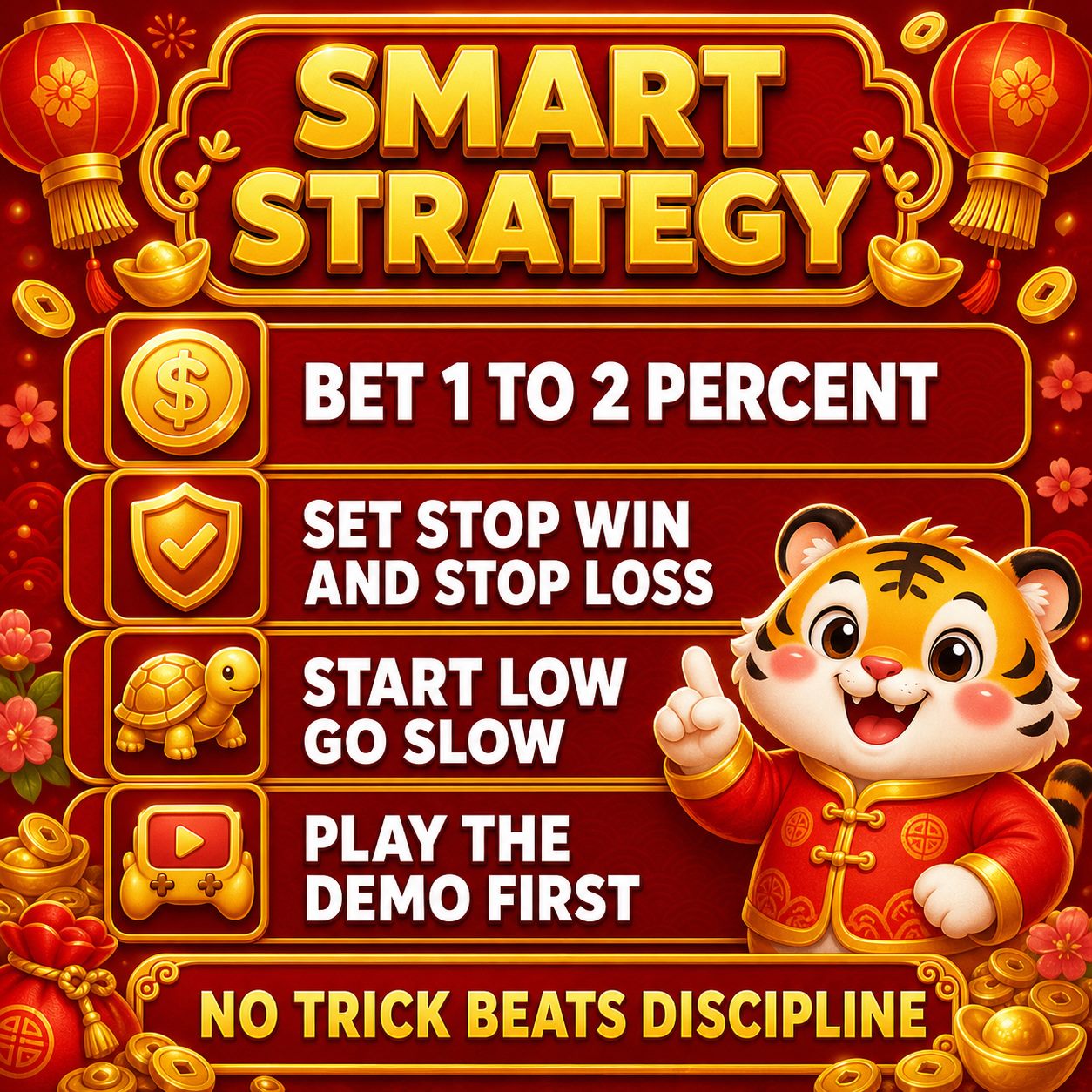 Strategy infographic in red and gold listing four habits: bet 1 to 2 percent of your bankroll, set a stop win and stop loss, start low and go slow, play the demo first