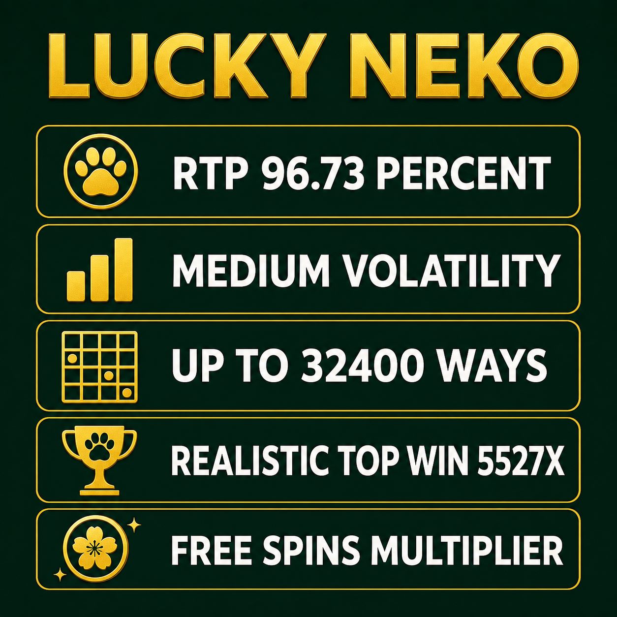 Specifications card on dark green and gold: RTP 96.73 percent, medium volatility, 5-6-6-6-5 grid, up to 32400 ways, top win up to 100000x, free spins multiplier, no real logos