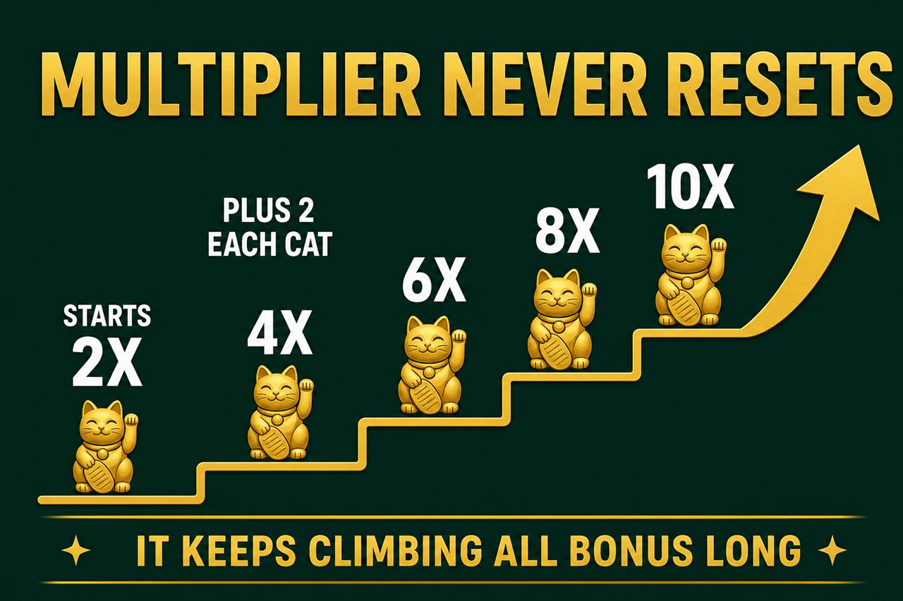 Infographic on dark green and gold showing a multiplier that starts at 2x and rises by plus 2 for every cat, with a note that it never resets during free spins, no real logos