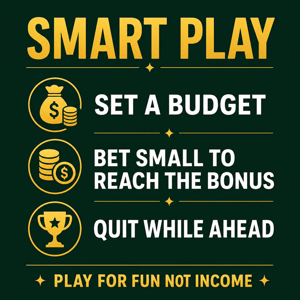 Infographic on dark green and gold with three bankroll tips: set a budget, bet small to reach the bonus, quit while ahead, no real logos