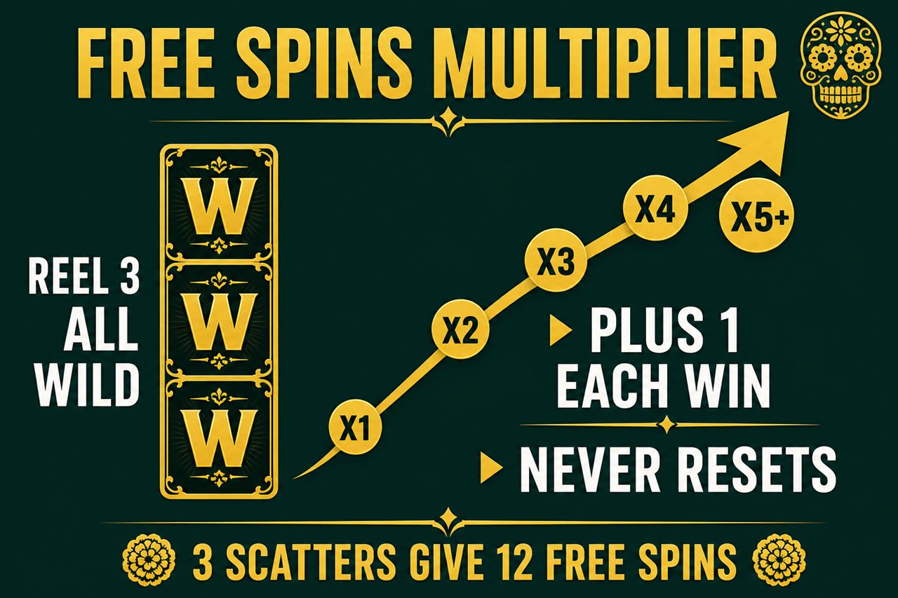 Infographic on dark green and gold showing a progressive multiplier that rises after every win and never resets during free spins, with reel three full of gold frames, no real logos