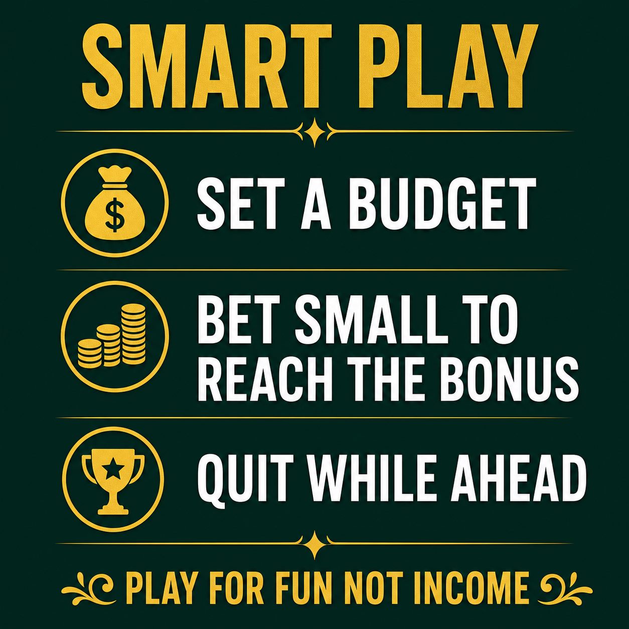Infographic on dark green and gold with three bankroll tips: set a budget, bet small to reach the bonus, quit while ahead, no real logos