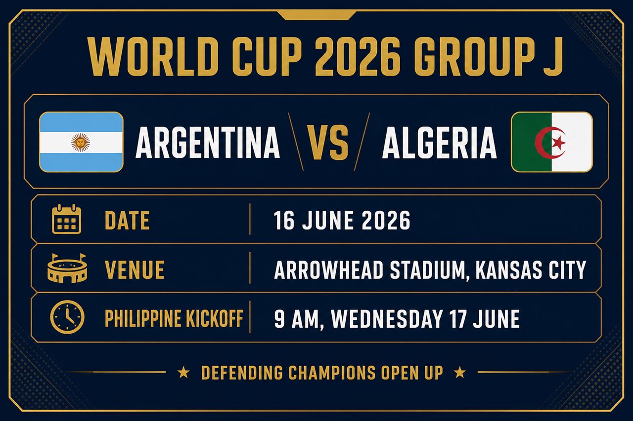 Argentina vs Algeria fixture card: 16 June, Arrowhead Stadium Kansas City, 9am Philippine time on 17 June, Group J