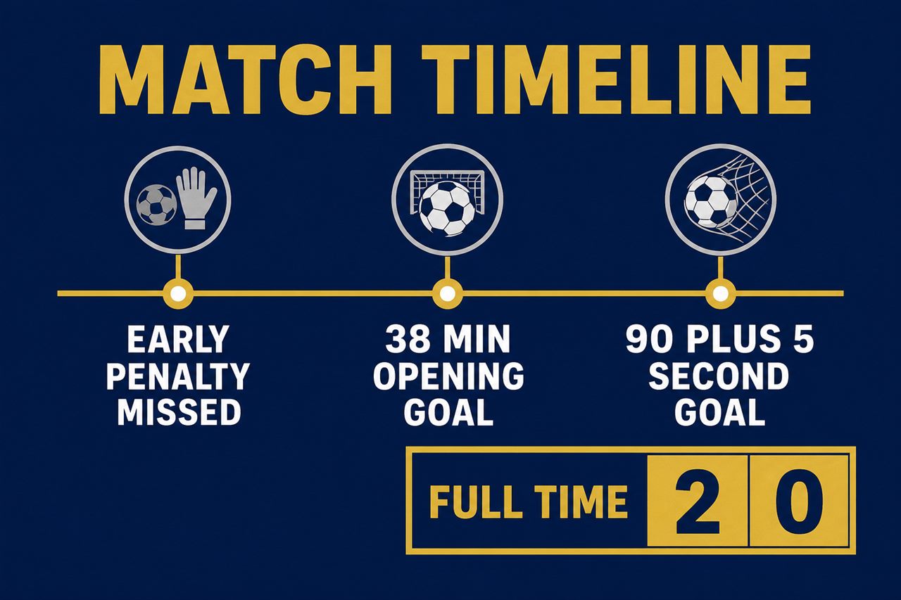 Match timeline graphic: a missed penalty early on, the opening goal on 38 minutes, the second goal in stoppage time on 90 plus 5, final score 2-0