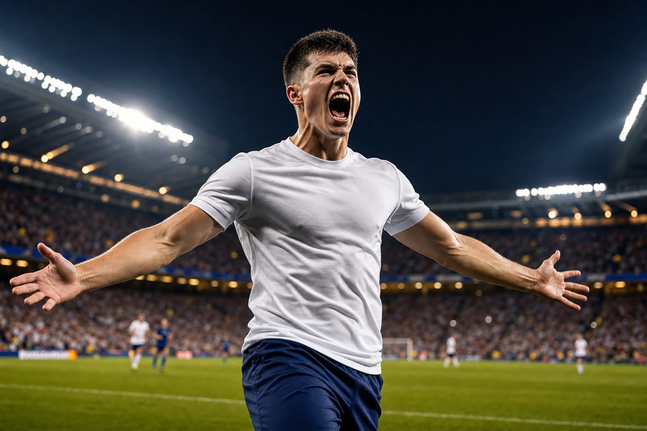 A young English central midfielder in a white shirt celebrating a goal at World Cup 2026