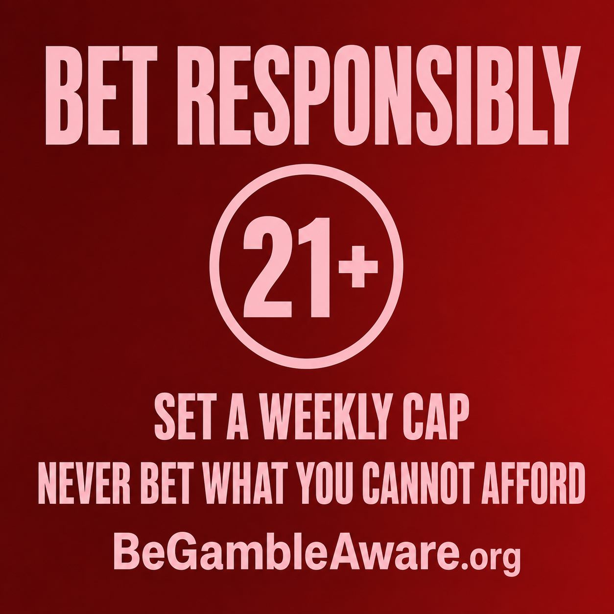 Responsible gambling reminder: bet responsibly, 21 plus, BeGambleAware