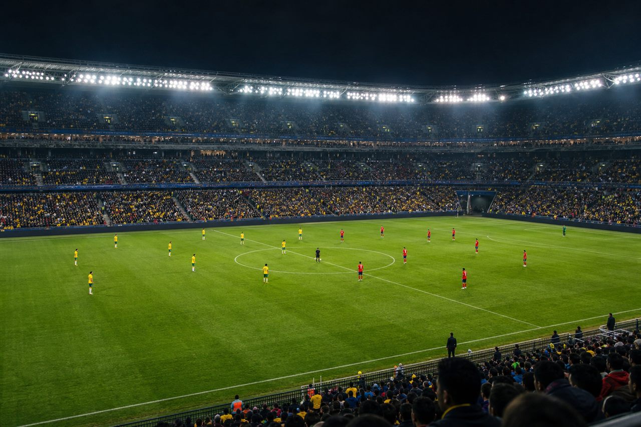 A packed World Cup 2026 stadium at night as two teams in yellow and red line up for kickoff