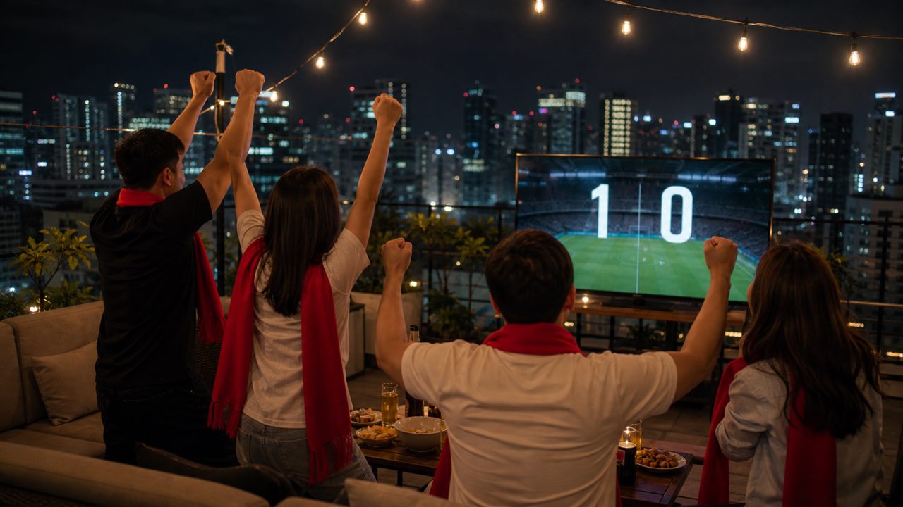 A Manila rooftop viewing party at night, a small group of friends in red scarves rising from their seats with arms up under string lights as a city skyline glows behind them, no identifiable faces