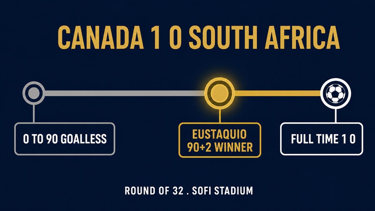 Match timeline graphic: no goals through 90 minutes, Canada score on 90 plus 2 minutes through Eustaquio, final score 1-0