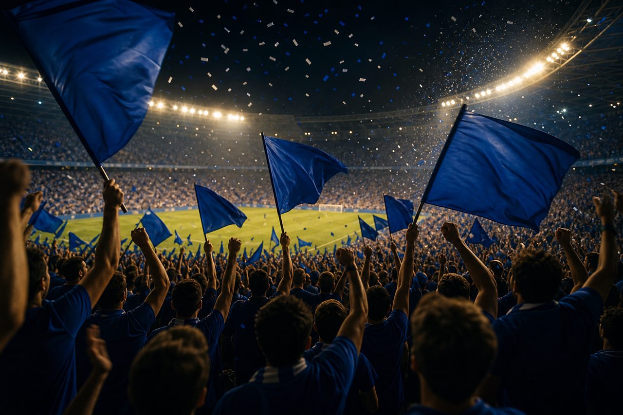 A packed stadium at night with a sea of Cape Verde supporters in blue waving flags and scarves in celebration, players blurred in the distance, no identifiable faces