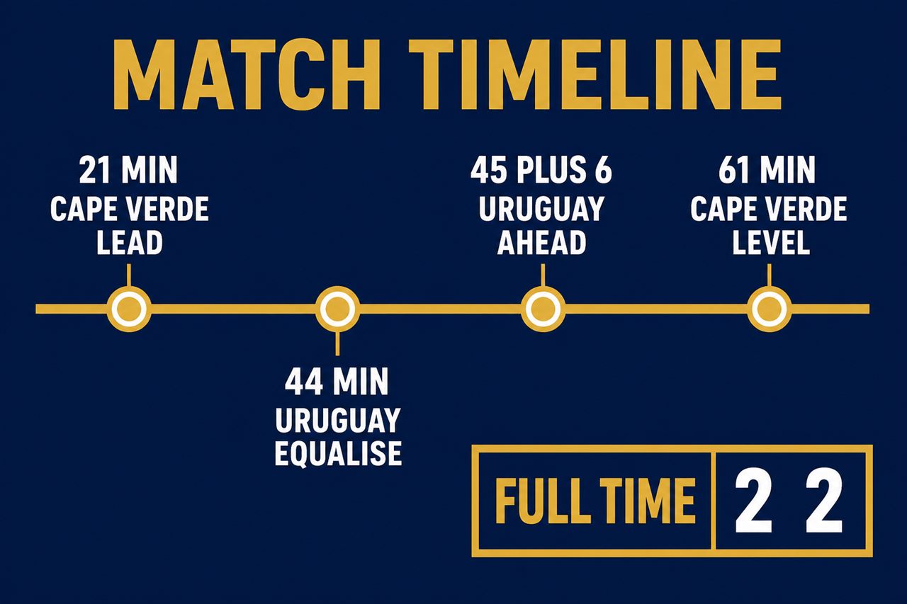 Match timeline graphic: Cape Verde 1-0 on 21 minutes from a long-range free kick, Uruguay 2-1 up by half time, Cape Verde level at 2-2 on 61 minutes, final score 2-2