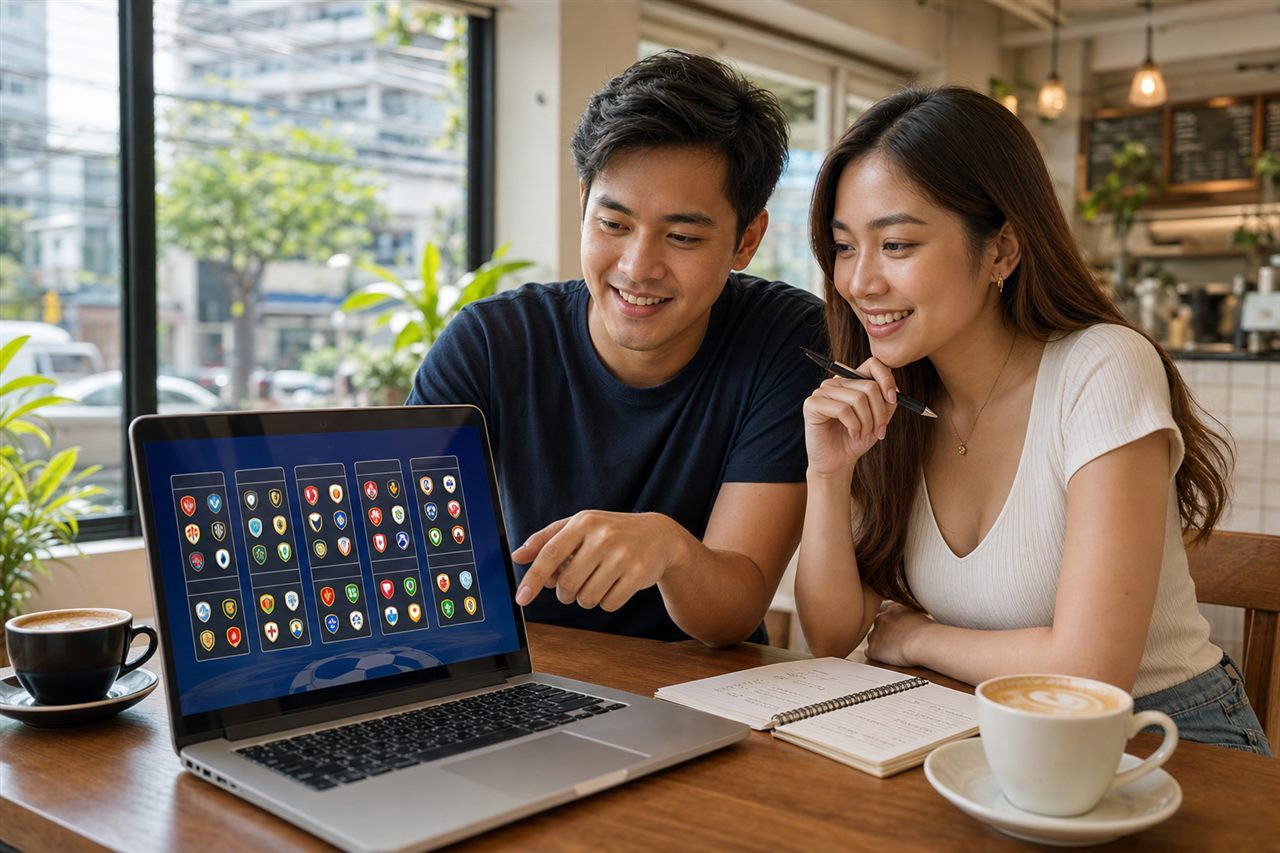 Two young Filipino friends mapping out World Cup 2026 groups on a laptop in a bright cafe by day