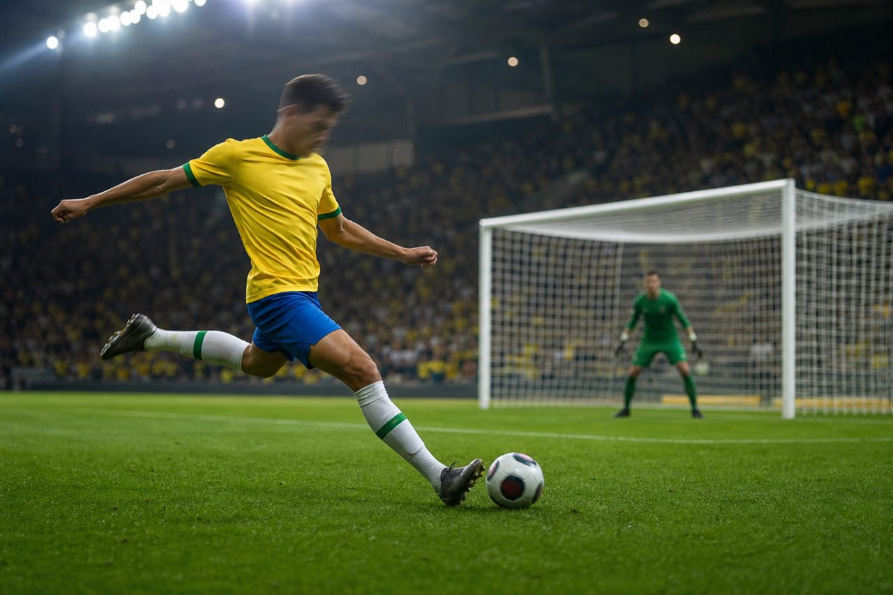 A generic young striker in a yellow shirt striking a shot under stadium floodlights at World Cup 2026