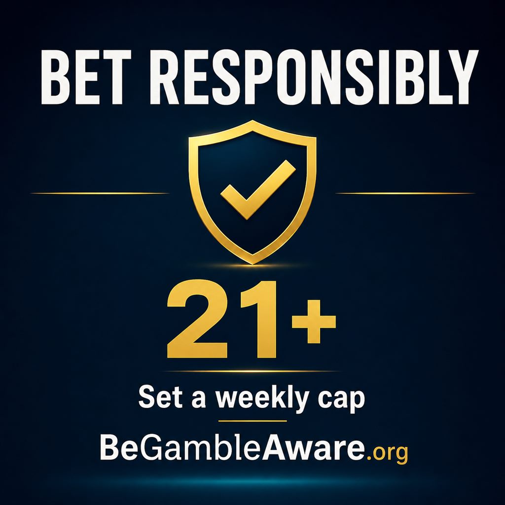 Responsible gambling reminder: bet responsibly, 21 plus, BeGambleAware