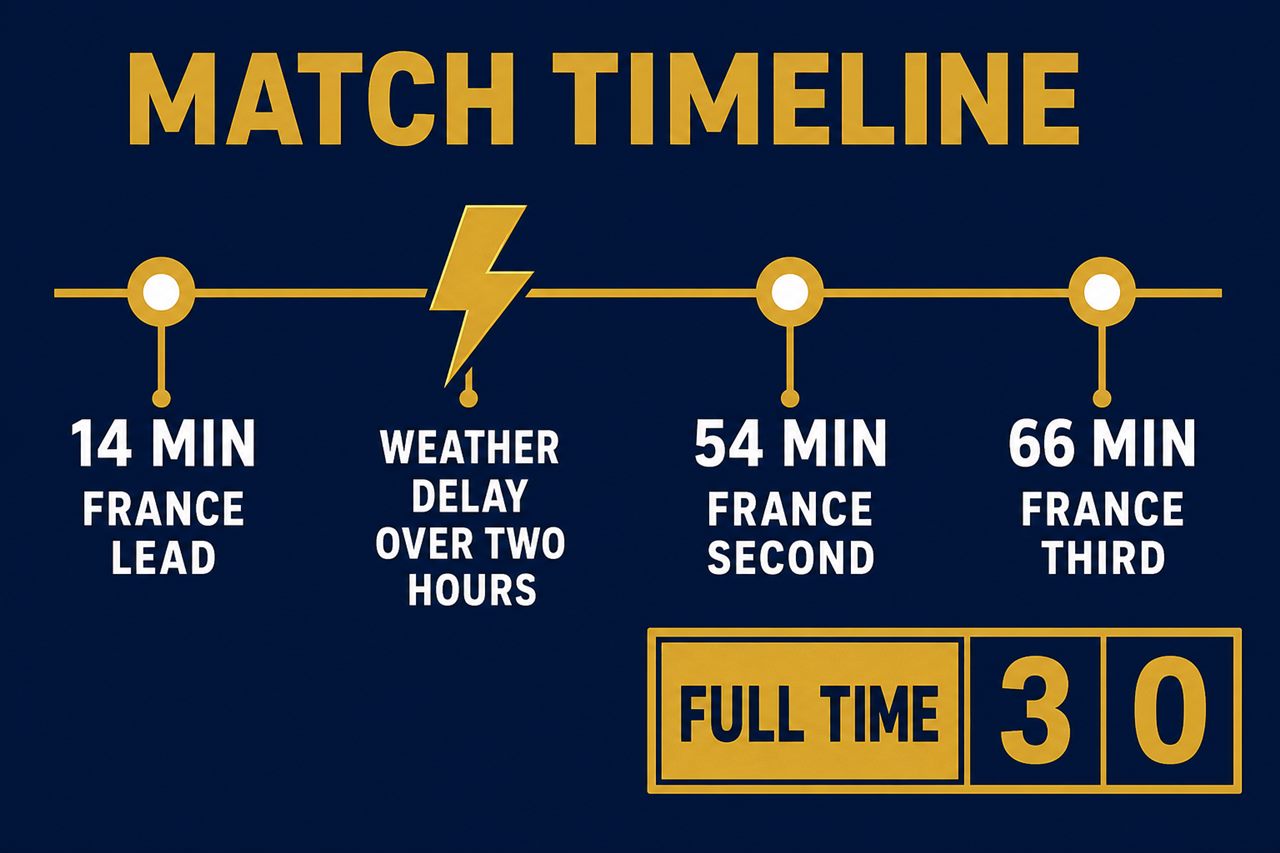 Match timeline graphic: France lead on 14 minutes, a weather delay of more than two hours, France second goal on 54, third goal on 66, final score 3-0
