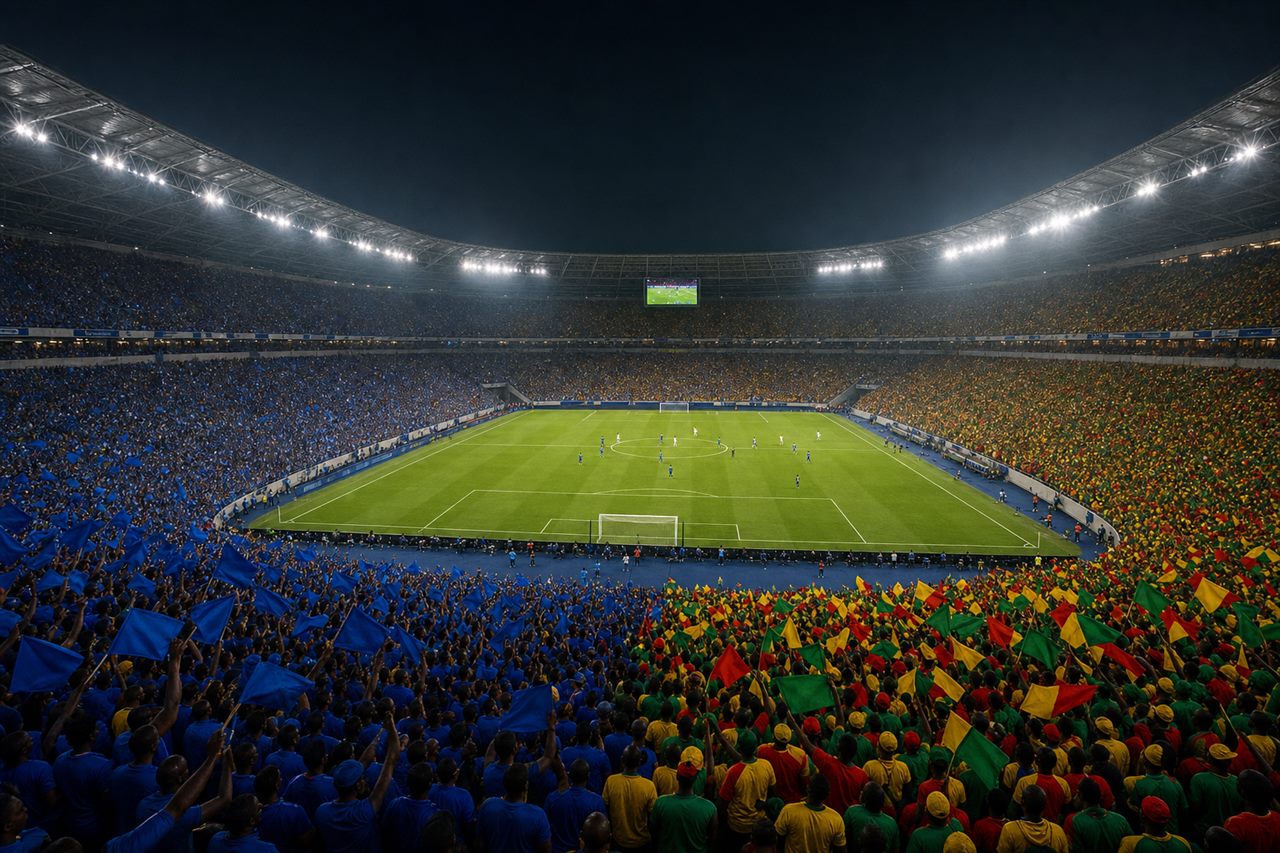 A floodlit World Cup 2026 stadium at night with two passionate blocks of fans, one in blue and one in green, yellow and red