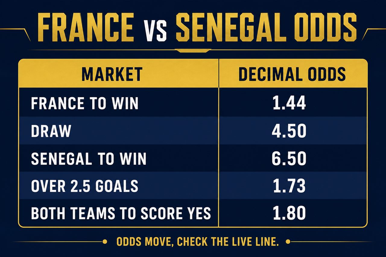 France vs Senegal odds: France 1.44, draw 4.50, Senegal 6.50, Over 2.5 goals 1.73
