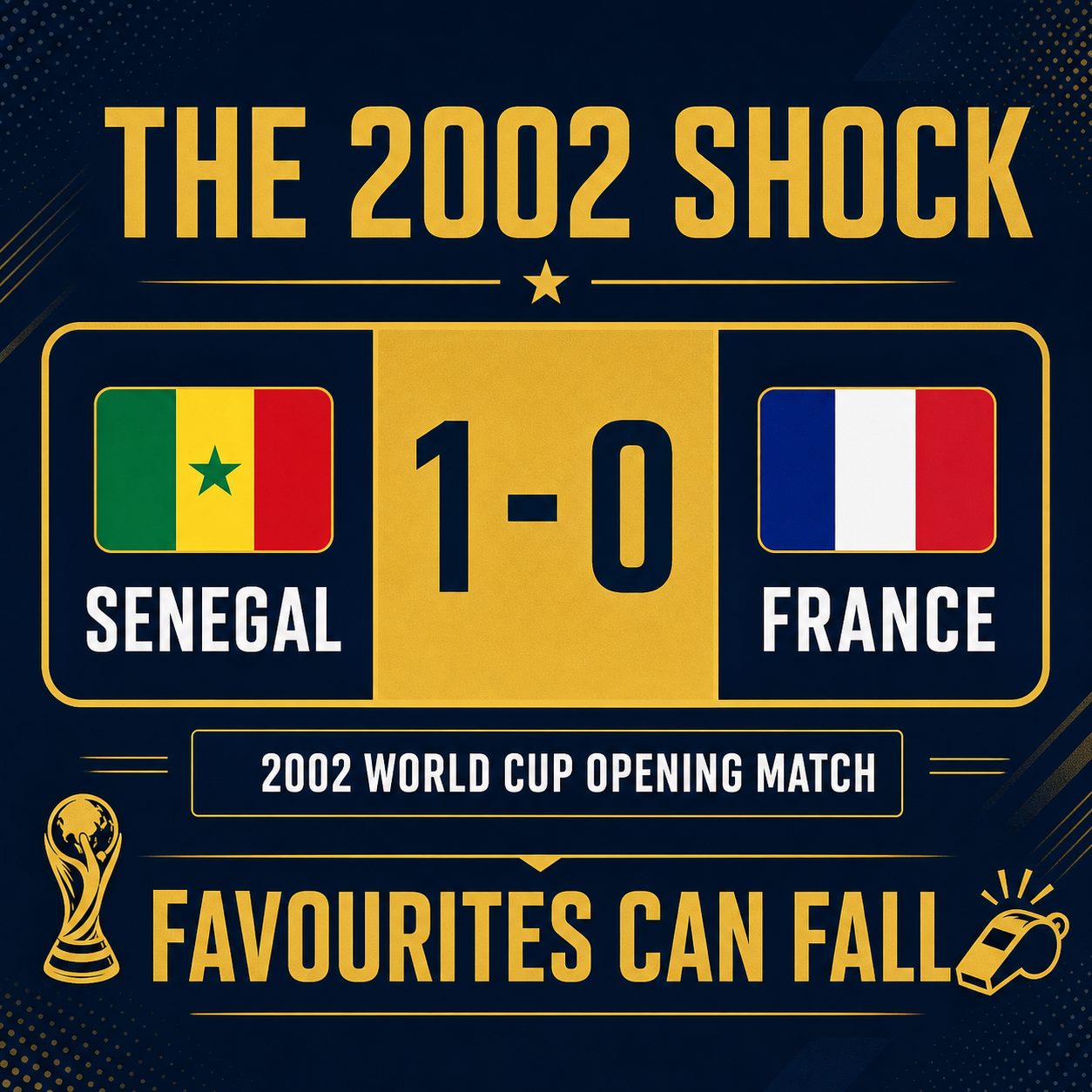 The 2002 shock: Senegal beat France 1-0 in the opening match, a reminder that favourites can fall