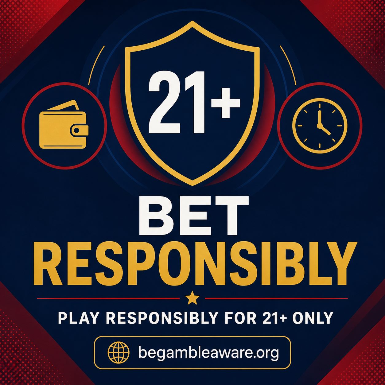 Responsible gambling reminder: bet responsibly, 21 plus, BeGambleAware