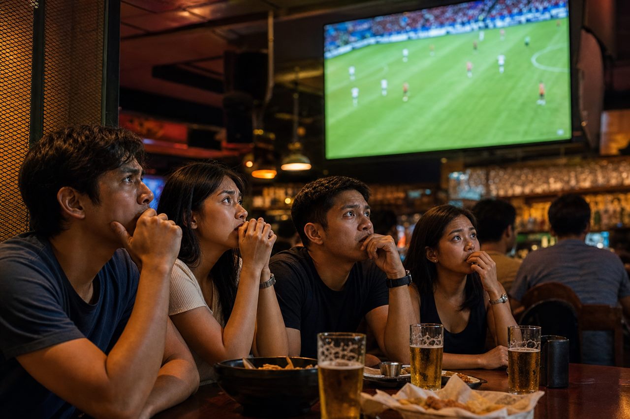Filipino friends in a Manila sports bar watching a tense World Cup 2026 group of death match