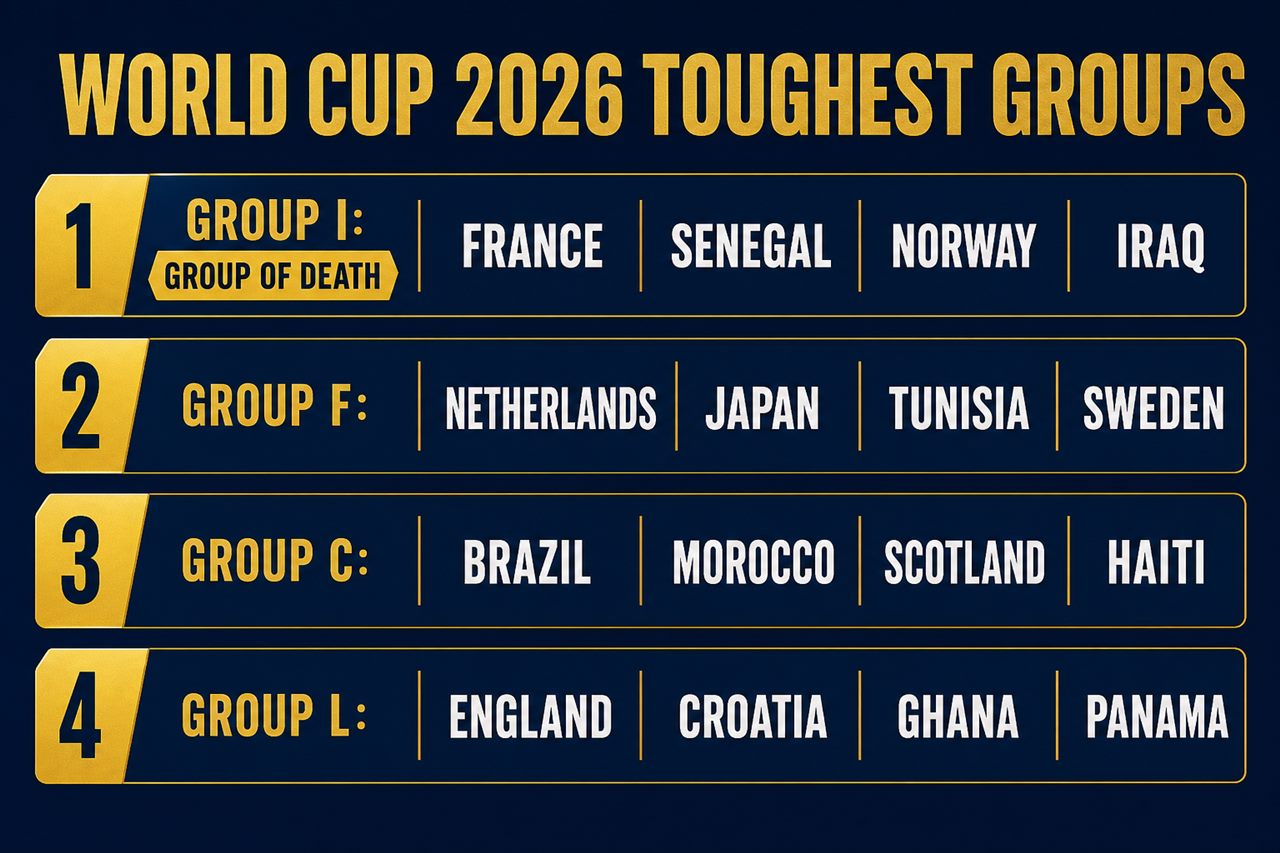 Ranked infographic of the toughest World Cup 2026 groups: I, F, C and L