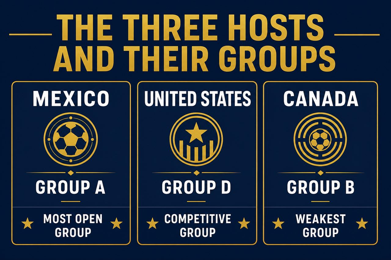 The three hosts and their groups: Mexico Group A, USA Group D, Canada Group B