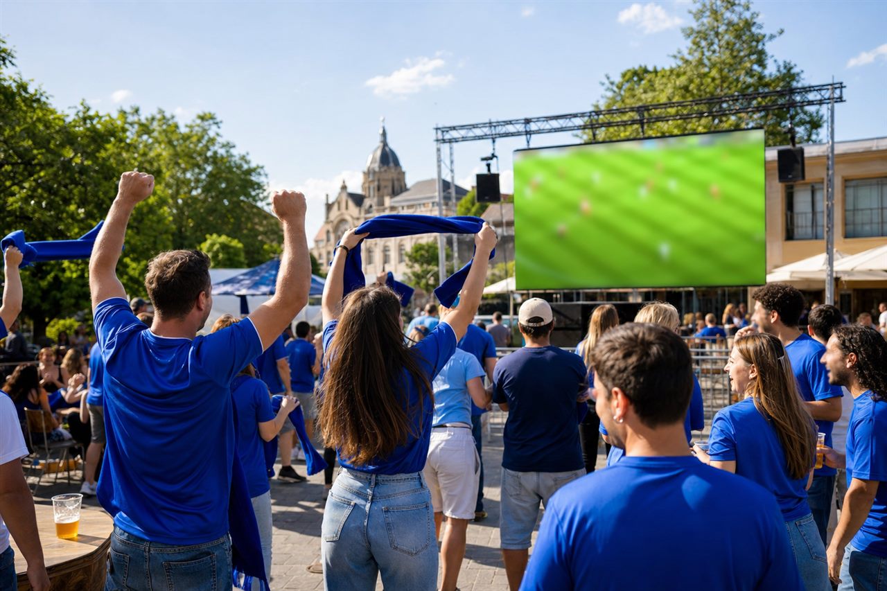 A cheerful daytime outdoor public viewing gathering, a small crowd of fans in plain blue jerseys watching a big screen and celebrating, sunny weather, no identifiable faces, no brand names