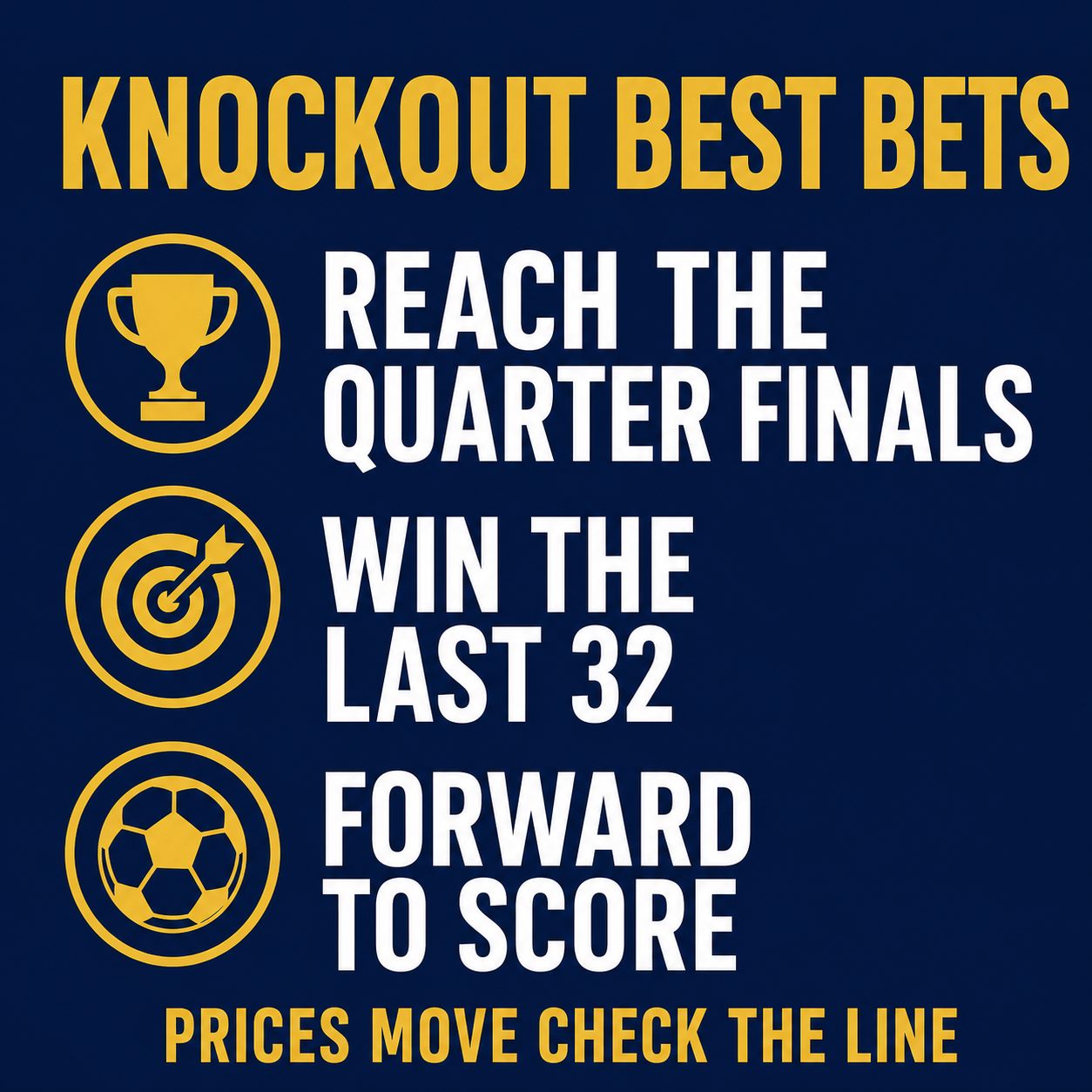 Best bets graphic for Japan in the knockouts: round of 32 result once the draw is known, to reach the quarter finals, and a Japan forward to score, three ranked angles