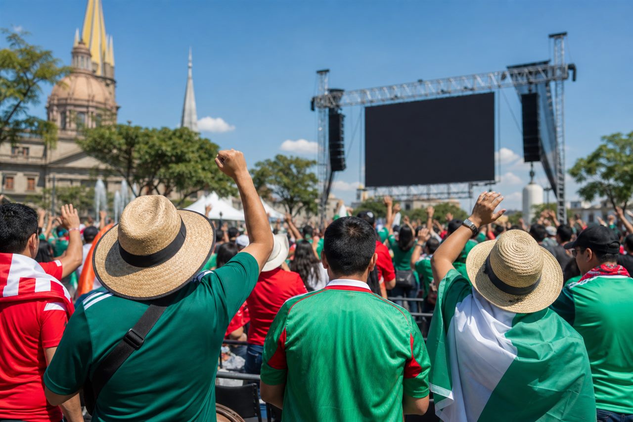 A daytime outdoor fan zone in Guadalajara with supporters in Mexico green and South Korea red watching a big screen, sombreros and red scarves mixing in bright sunshine before a World Cup 2026 match