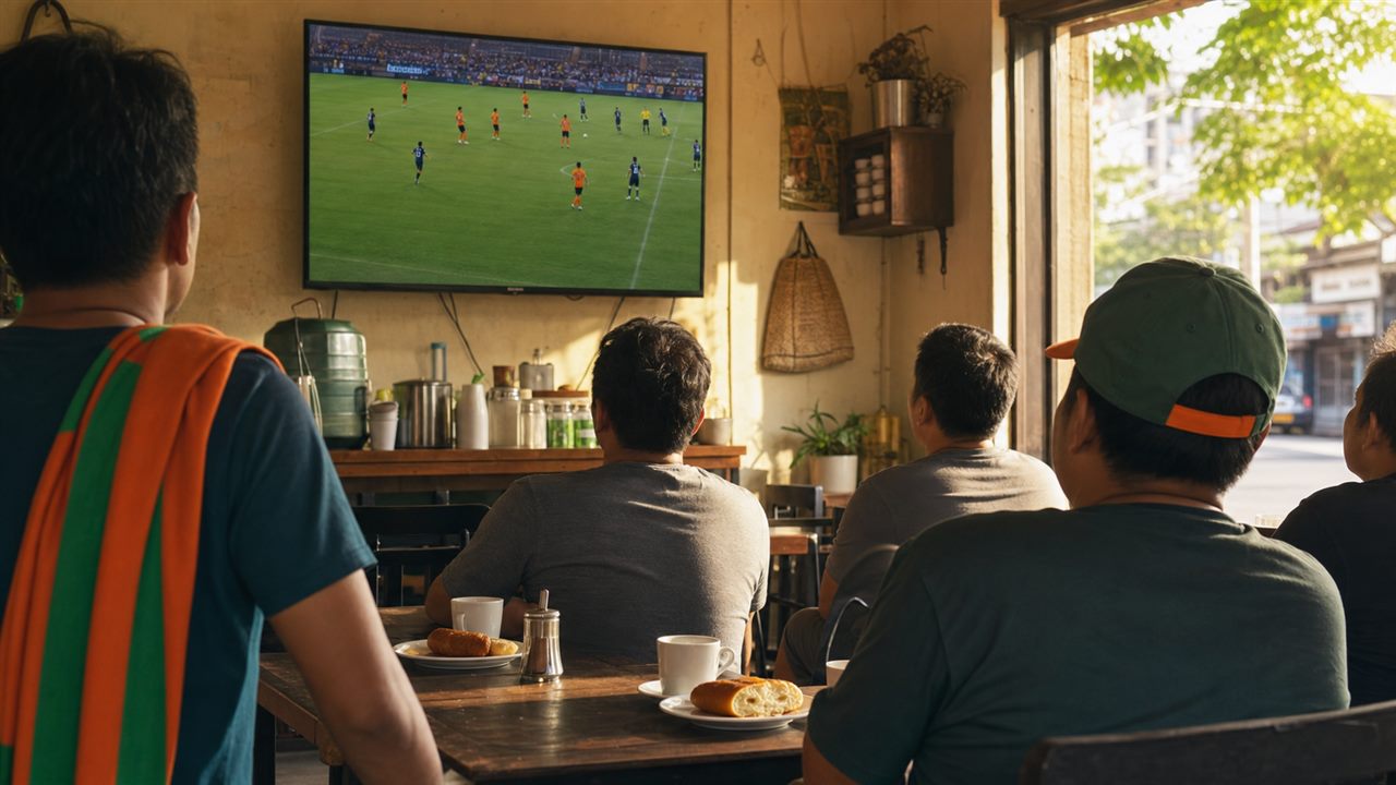 A neighbourhood Filipino eatery in the morning, a small group of patrons watching a wall mounted television over coffee and breakfast, warm morning sunlight through the window, orange and green team colours around the room, no identifiable faces