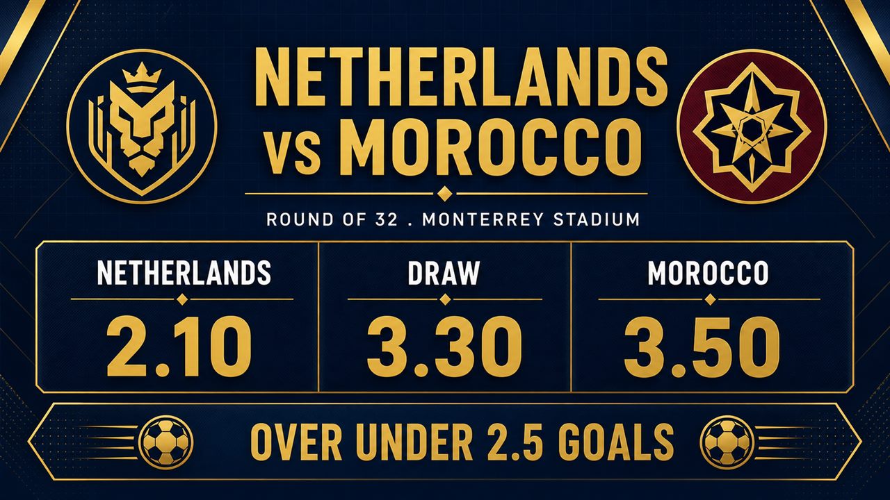 Matchup card graphic: Netherlands versus Morocco, round of 32, moneyline Netherlands 2.10, draw 3.30, Morocco 3.50, over under 2.5 goals, Monterrey Stadium