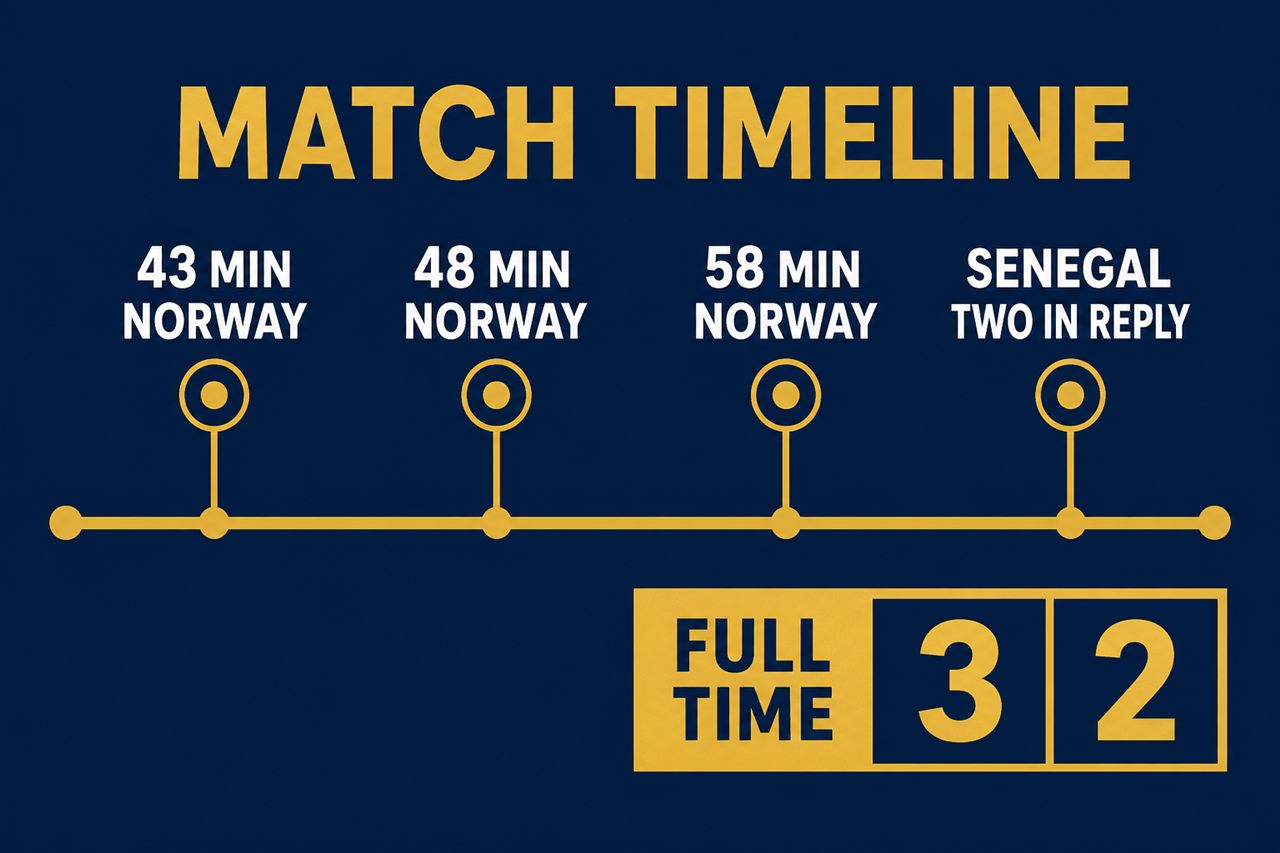 Match timeline graphic: Norway lead on 43 minutes, two quick goals around the hour mark, Senegal fight back with two of their own, final score 3-2