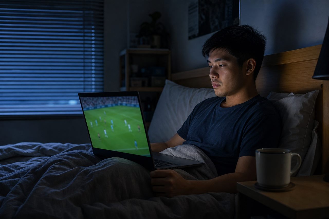 A young Filipino man watching the World Cup 2026 opening match alone on a laptop in bed at 3am