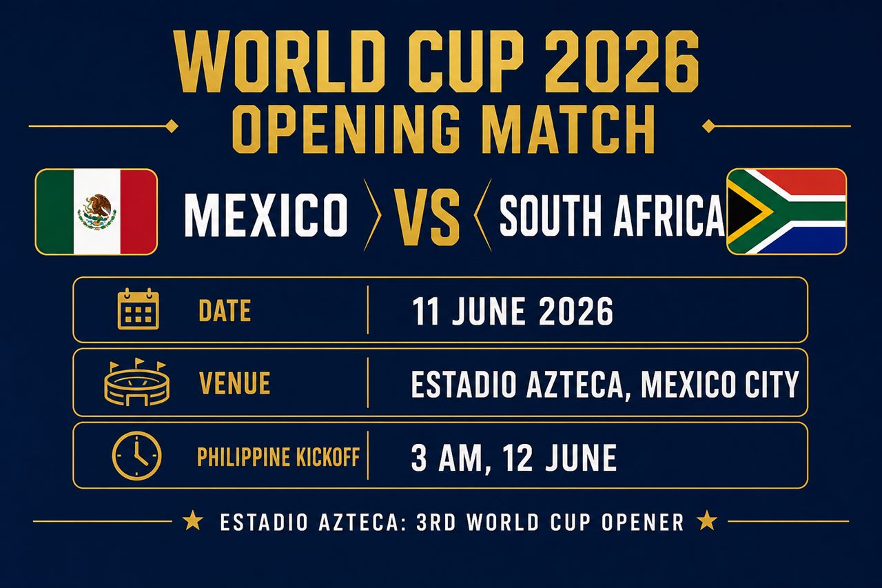 World Cup 2026 opening match fixture card: Mexico vs South Africa, 11 June, Estadio Azteca, 3am Philippine time