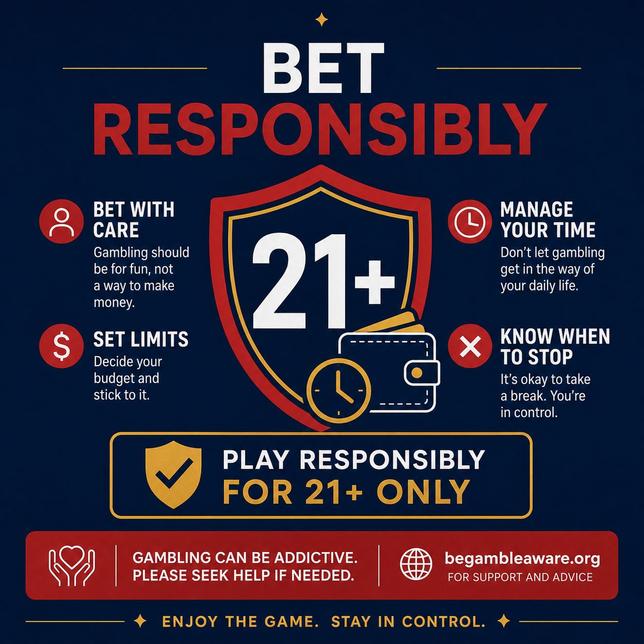Responsible gambling reminder: bet responsibly, 21 plus, BeGambleAware
