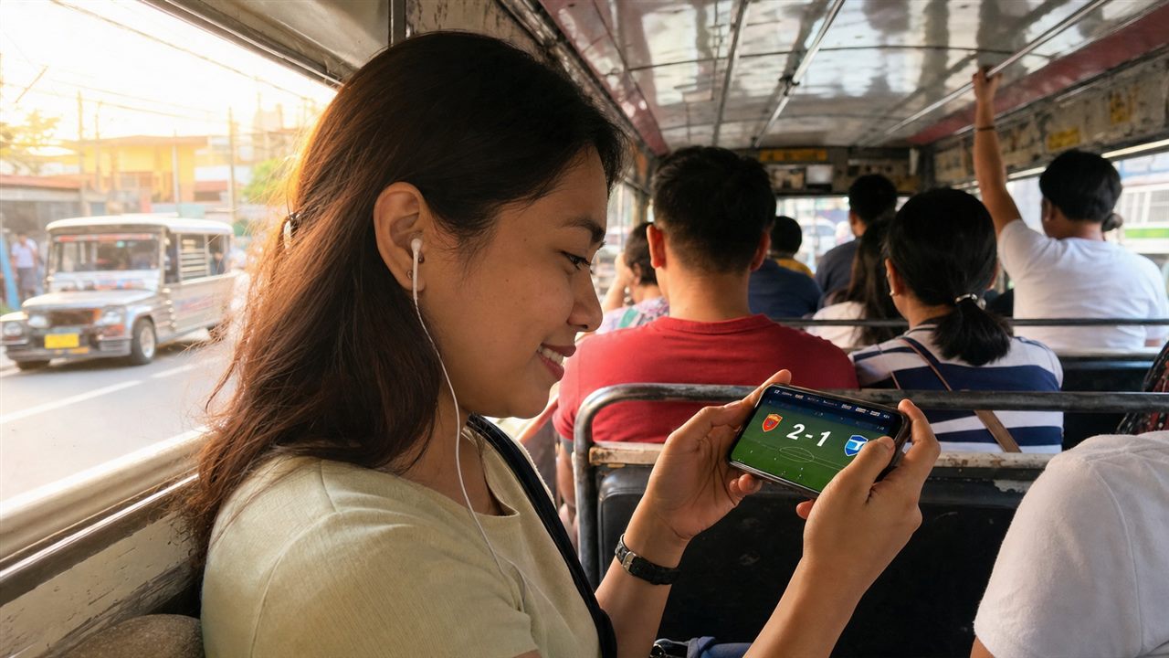 Filipino bettor checking a World Cup 2026 match score on her smartphone during a Manila commute