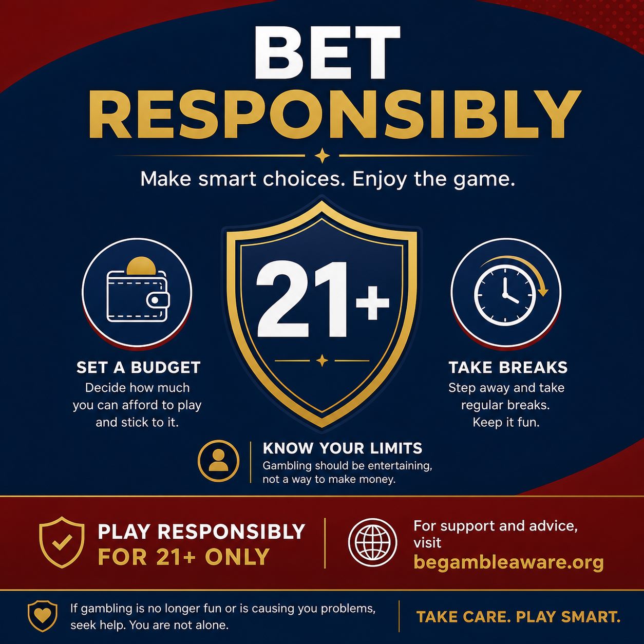 Responsible gambling reminder: bet responsibly, 21 plus, BeGambleAware