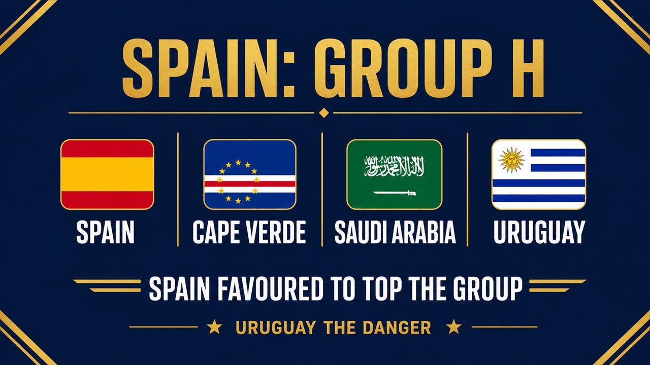 Spain Group H: Spain, Cape Verde, Saudi Arabia and Uruguay, with Spain favoured to top the group