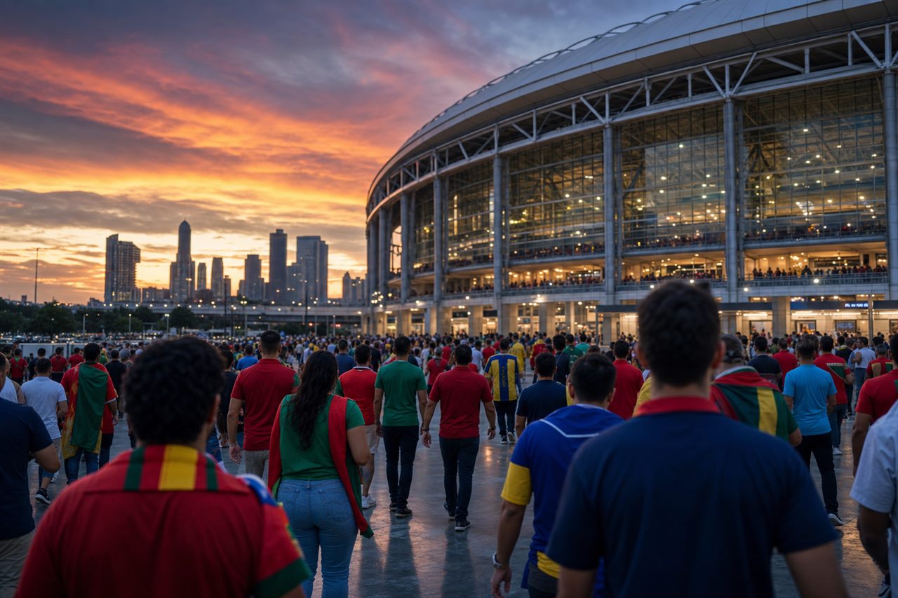 Fans in Portugal red and green scarves mixing with DR Congo blue and yellow shirts walking toward a floodlit Houston stadium concourse at dusk before a World Cup 2026 match