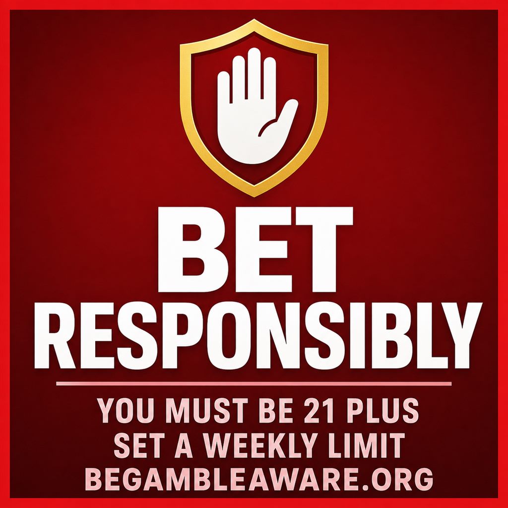 Responsible gambling reminder: bet responsibly, 21 plus, BeGambleAware