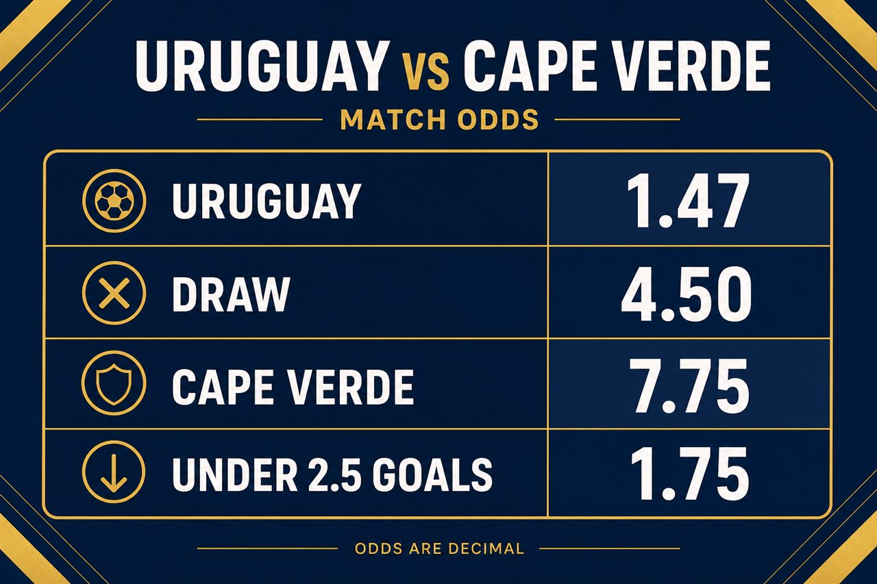 Uruguay vs Cape Verde odds: Uruguay 1.47, draw 4.50, Cape Verde 7.75, Under 2.5 goals 1.75