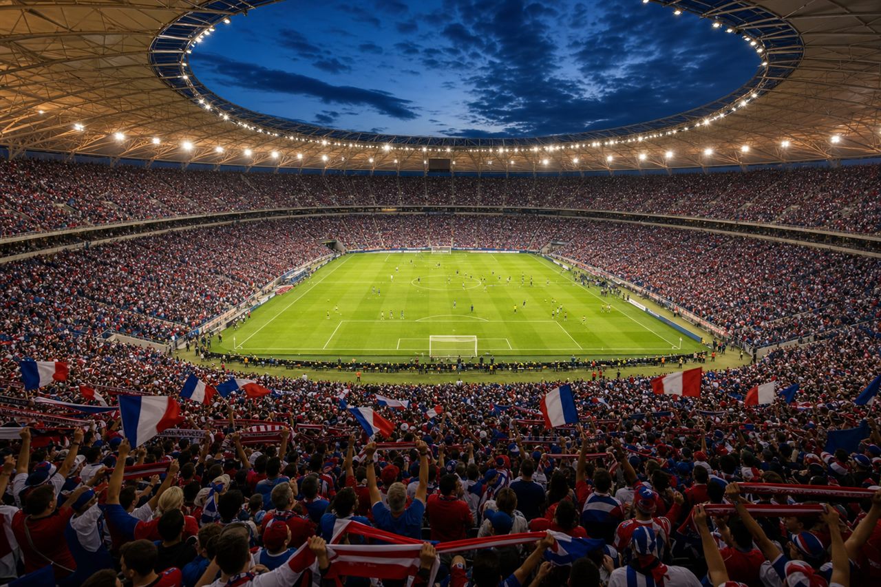 A modern roofed World Cup 2026 stadium at dusk filled with a sea of red, white and blue host-nation fans